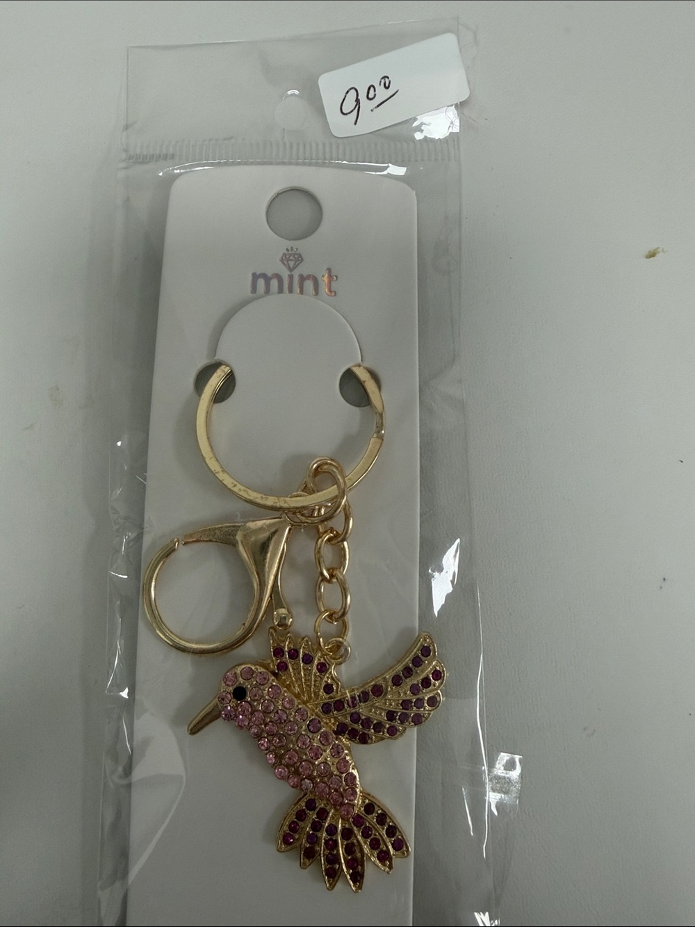 Mint Gold Hummingbird Key & Card Holder with Pink and Dark Pink Rhinestones